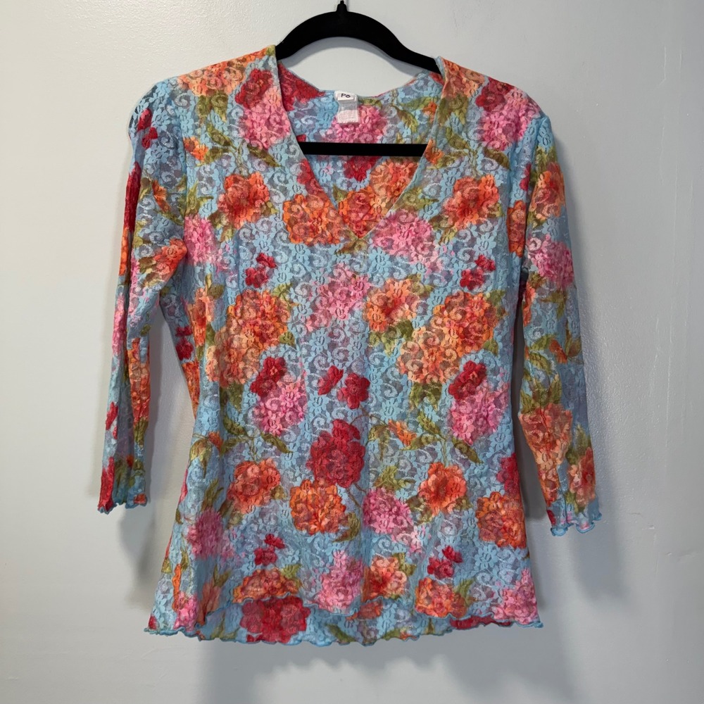 Vintage Po Floral Lace Sheer V-Neck Top Blue Pink Orange Y2K XL Made in USA